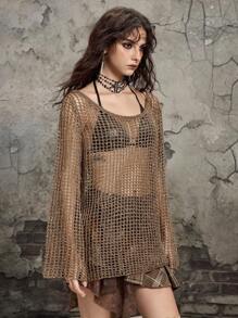 ROMWE Grunge Punk 女式 Y2K 复古做旧超大不对称领口镂空针织上衣针织套头衫秋冬