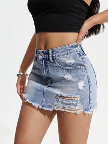 SHEIN PETITE 女式口袋做旧磨损下摆休闲牛仔铅笔裙 - 淺色水洗藍 - 查看 1