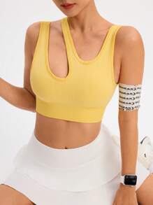 SHEIN Sovereign Charm 女士纯色镂空设计日常运动文胸 - 黃色 - 查看 5