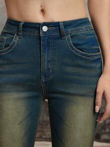 ROMWE Grunge Punk 复古水洗磨边高腰修身喇叭裤女式休闲牛仔裤