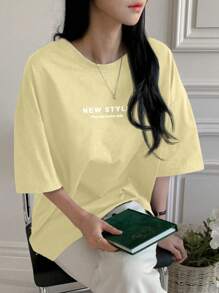 DAZY Women Slogan Print Casual Loose Fit Round Neck Drop Shoulder Short Sleeve T-Shirt, For Summer - Yellow - View 3