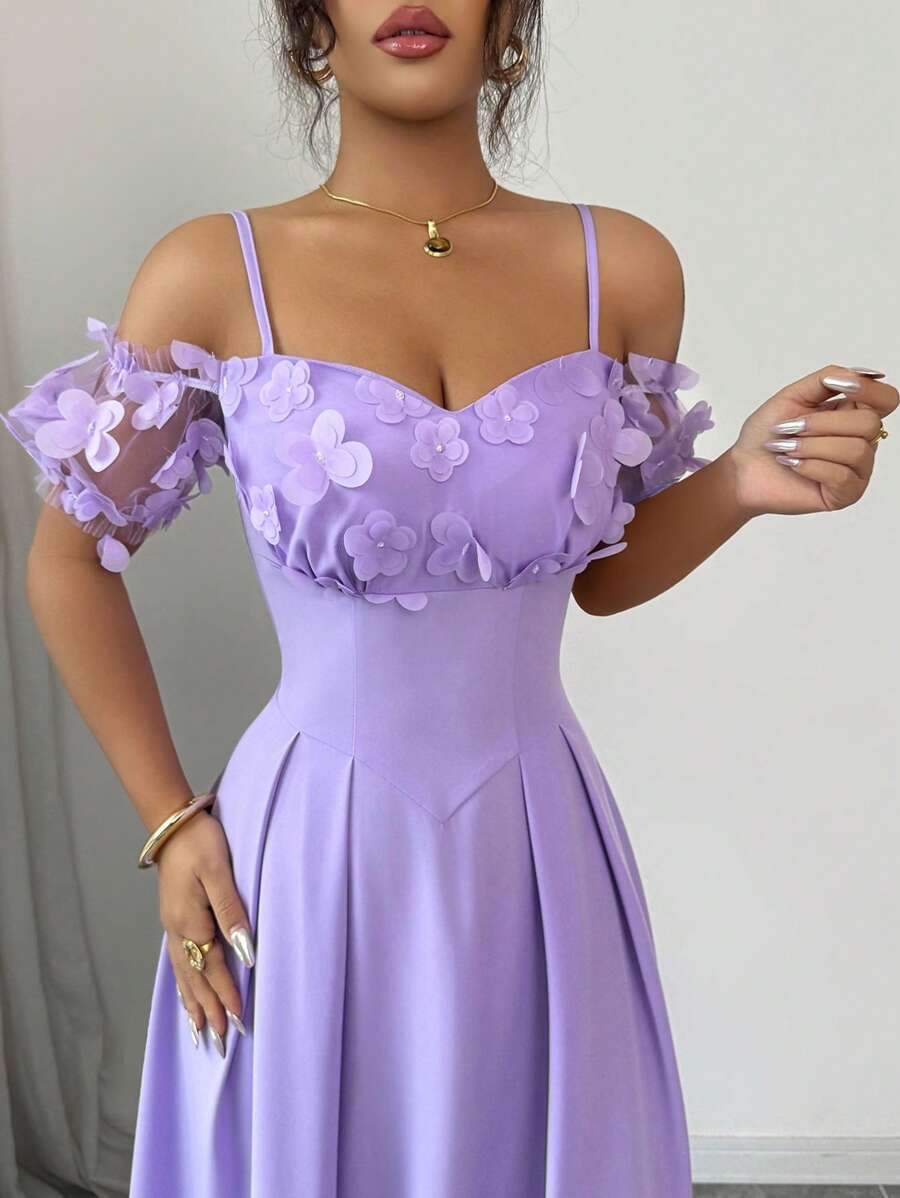 Elenzga Vestido formal elegante y vintage con volantes de gasa, mangas abombadas y cintura hueca en corte evasé, adecuado para graduación y galas - Púrpura malva - Ver 1