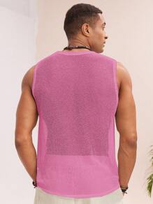 Manfinity VCAY 男士针织休闲宽松纯色无袖背心，日常男士背心，夏季男士背心，节日男士无袖上衣，男士渔网背心，男士网眼背心，男士无袖上衣，男士渔网背心，男士夏季背心，2000 年代风格 - 粉色 - 查看 2