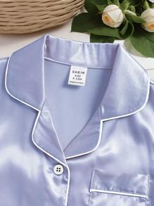 2 件套婴儿/女婴休闲舒适淡紫色纯色短袖上衣和裤子家居服套装，春夏 - 淺藍色 - 查看 4