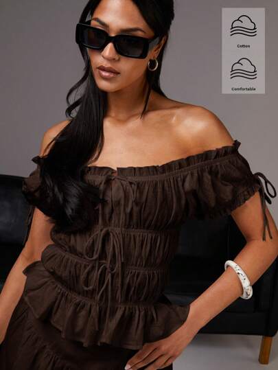 Athîral 女式夏季纯色荷叶边前系带肩部喇叭下摆时尚衬衫