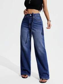 SHEIN EZwear Women's Pocket Straight Loose Casual Versatile Jeans