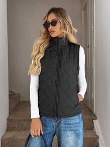 Easowa 秋冬拉链泰迪熊衬里背心绗缝大衣 - 黑色 - 查看 3