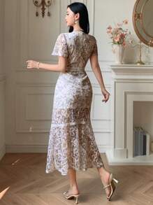 DAZY Elegantes Midi-Kleid mit Blumenmuster für Damen, Sommer - Beige - Übersicht 2