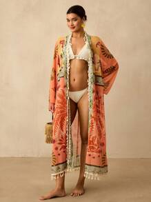 Travachic Kimono talla grande con mangas largas, estampado de palmeras y flecos