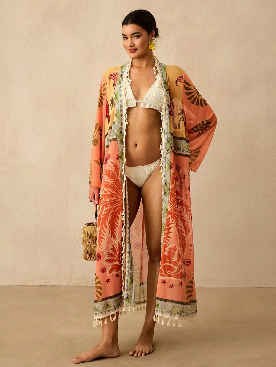 Travachic Kimono talla grande con mangas largas, estampado de palmeras y flecos