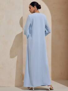 Graceveil Elegant Round Neck Long Sleeve Chiffon Patchwork Dress - Blue - View 2