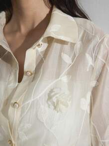 Heiryn 女士优雅通勤3D花卉刺绣衬衫 - 米色 - 查看 6