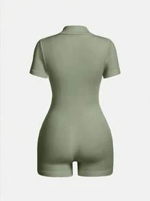 Easithlete 女士纯色拉链短袖连体裤，农历新年休闲日常穿着 - 橄欖綠 - 查看 2