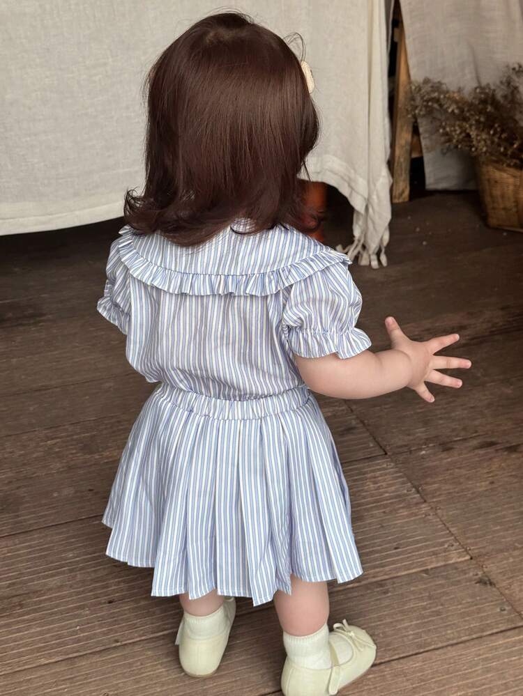 2pcs/Set Baby Girls POLO Collar Striped Bow Shirt And Pleated Skirt Set Toddler Girls Clothes
