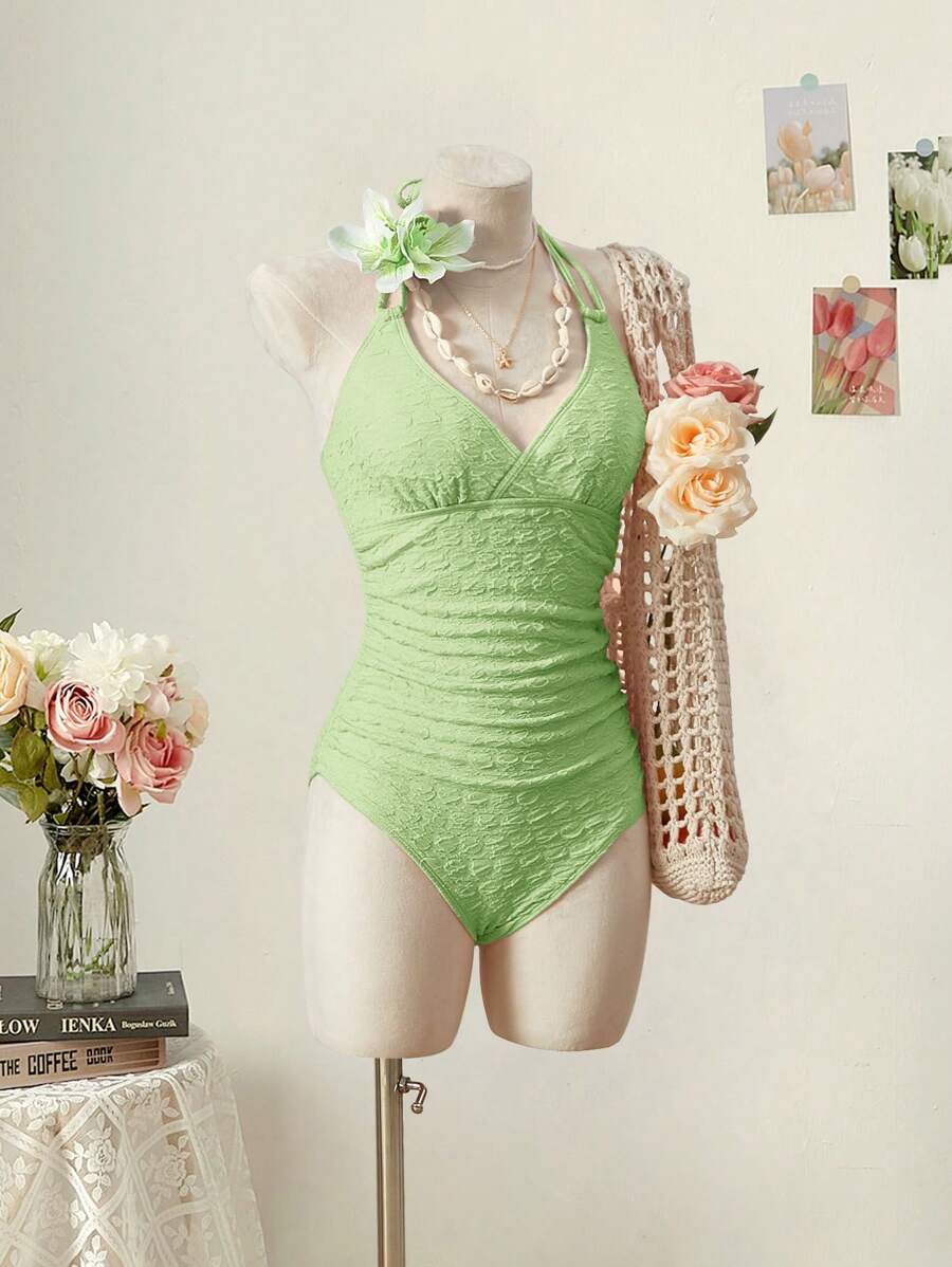 SHEIN MOD 领口系带腰部褶饰提花粉色连体泳衣，适合海滩度假和温泉 - 綠色 - 查看 1