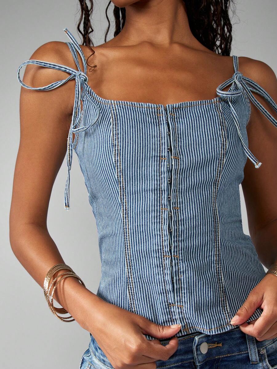 MISSGUIDED 牛仔紧身胸衣上衣紧身胸衣条纹图案夏季节日 Y2K 钩眼前系带肩休闲俱乐部派对 - 藍白色 - 查看 1