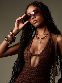 MISSGUIDED 钩针针织露背迷你连衣裙紧身派对夏季节日露背镂空冬季秋季晚会俱乐部海滩俱乐部服装 - 棕色 - 查看 7