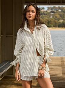 Aralina Women's Autumn/Winter Casual Textured Striped Oversized Button Up Drawstring Long Sleeve Shirt - Apricot - View 14