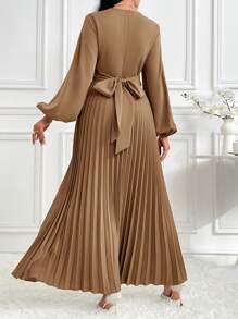 Modelyn 优雅纯色腰部褶饰长袖女式阿拉伯风格连衣裙