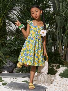 Rochie de vacanță pentru fete preadolescente, casual, drăguță, cu model de fructe tropicale, decolteu pătrat, mâneci fluturate, tiv evazat, decupat, spate cu fundă, ținute asortate pentru mami și cu mine (2 piese se vând separat)