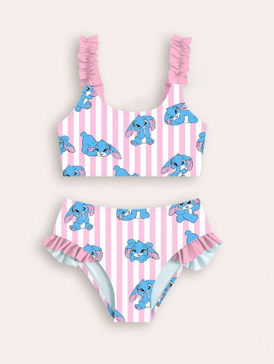 SHEIN GraphicGems Young Girls Striped Cartoon Print Bikini Set, Beach Vacation Bathing Suits For Kids Bathing Suit Set Kids Bathing Suits For Girls One Price Bathing Suits For Girls Young Girls Bikini Sets Girls Swim Set