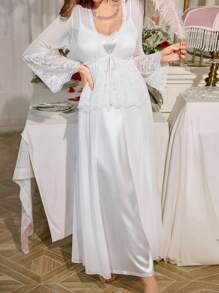 SHEIN Luxury 3D Lace Trim Robe And Nightgown Set, White Robe Wedding Pajamas For Woman, Bride Robe Set - White - View 4