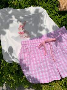 Comfortcana Summer Casual Rabbit Print T-Shirt & Plaid Shorts Set - Pink - View 7