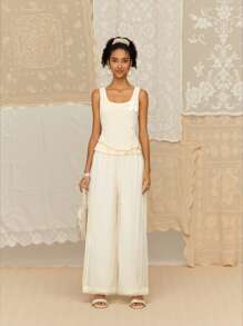 SHEIN MOD Women's Apricot Loose Wide Leg Casual Pants With Mesh Panels - Apricot - View 6