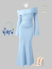 Elegant Ruffle Off-Shoulder Mermaid Hem Long Sleeve Dress For Teenage Girls - Blue - View 1