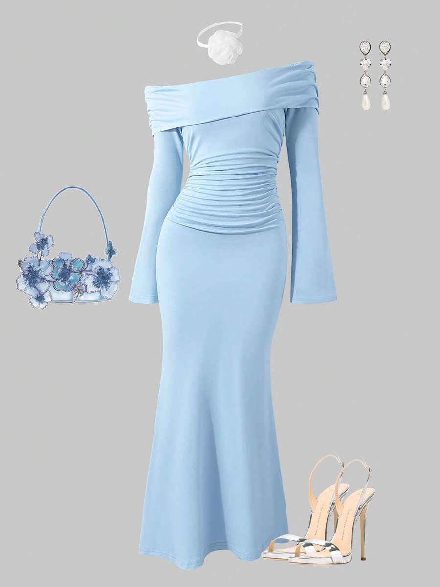 Elegant Ruffle Off-Shoulder Mermaid Hem Long Sleeve Dress For Teenage Girls - Blue - View 1