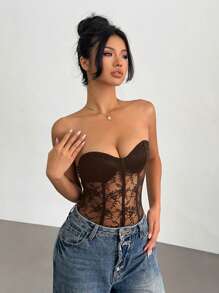 Aloruh 女士时尚蕾丝透视性感紧身衣 - 棕色 - 查看 3