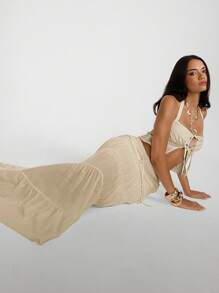 Aloruh 女士新款春夏纯色长款超长裙，亚麻面料，优雅休闲A字伞裙，波西米亚风度假裙 - 杏色 - 查看 6