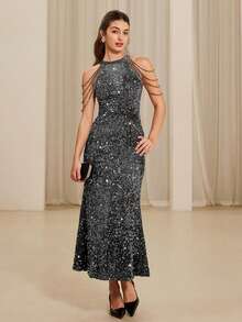 Aveloria Rosie 全新奢华性感亮片拼接水晶链露背连衣裙，无袖超长收腰连衣裙，优雅春夏季派对礼服 - 灰色 - 查看 7