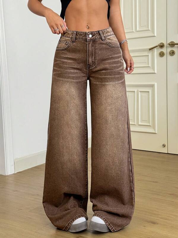 SHEIN PETITE Women's Casual Distressed Wide Leg Jeans