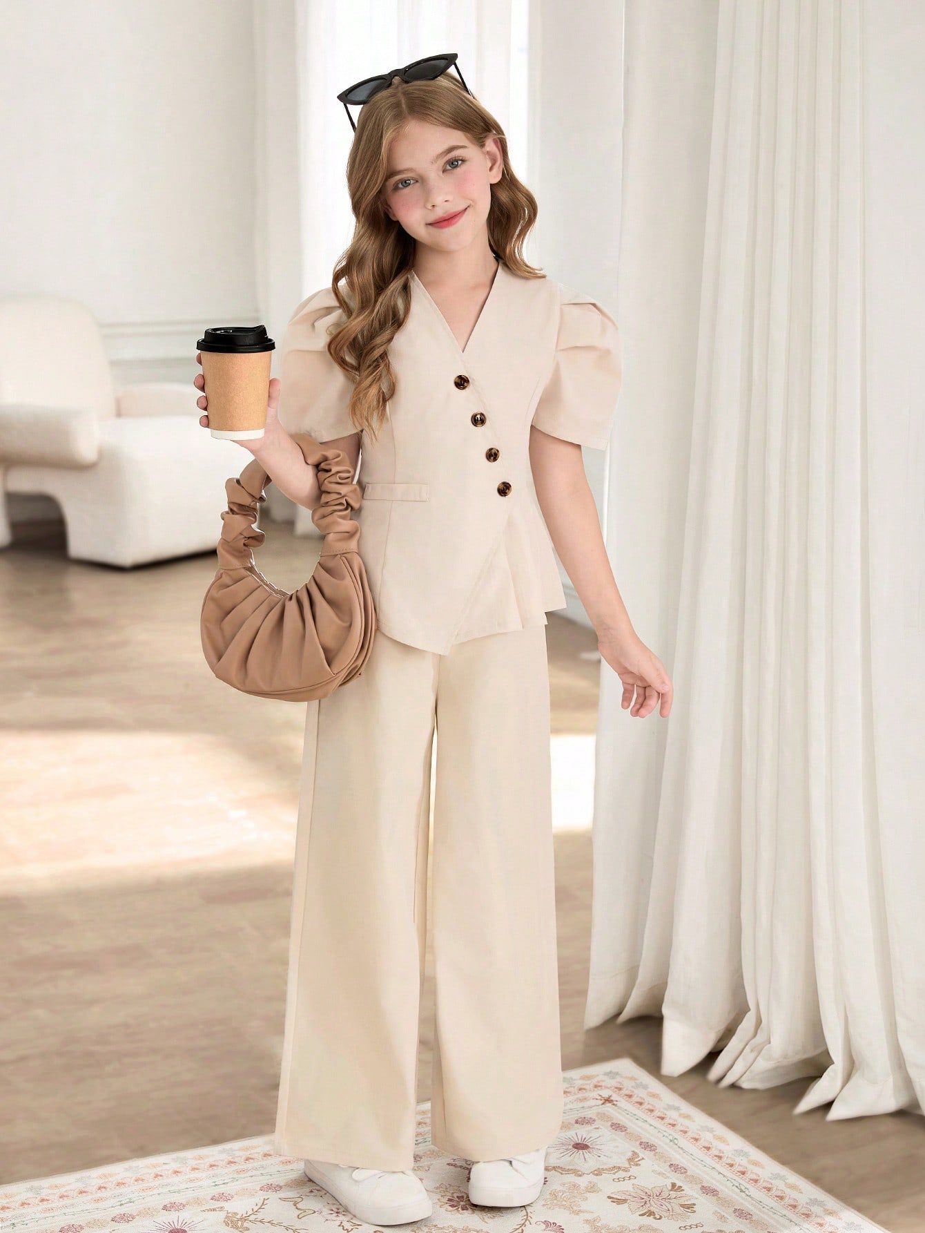 SHEIN مجموعة بنطلون وبليزر للفتيات بأكمام متضخمة و...