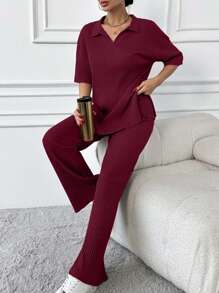 EURMUSE Cotton Two Pieces Set Polo Neck Top And Pant Set Rib Knit Fabric - Burgundy - View 3