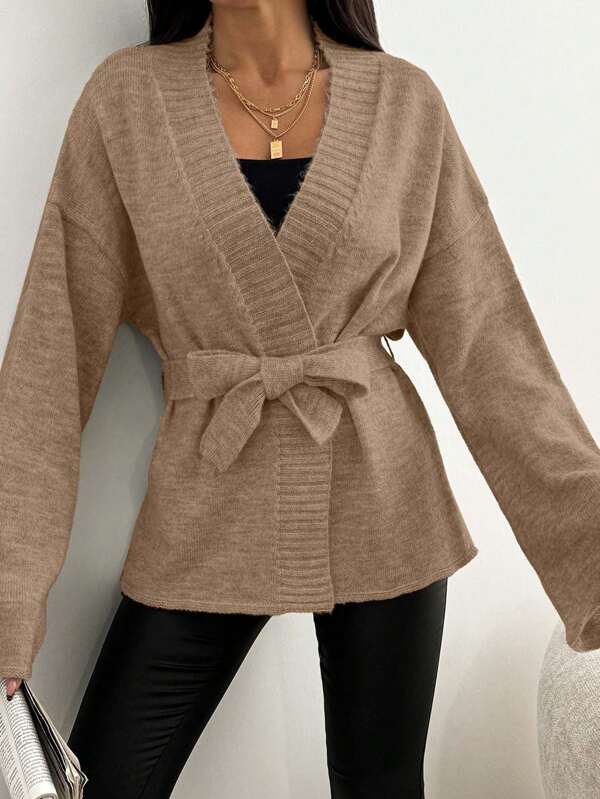 SHEIN Women's Solid Color Drop Shoulder Long Sleeve Knotted Cardigan