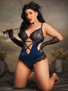 PinupPomp Mono lencero romántico, retro y elegante de satén con flores, encaje y cortes cruzados, talla grande, azul marino, para fiestas y raves - azul real - Ver 2