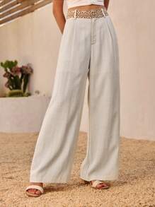 DAZY 女式腰带亮片撞色亚麻宽松裤，度假装波西米亚风女式阔腿裤，夏季阔腿裤度假裤女式绣花裤，返校服，教师裤 - 米色 - 查看 2