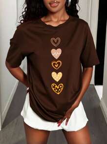 Zolique Loose Fit Heart Printed Basic Drop Shoulder T-Shirt Graphic Tees Women Tops - Brown - View 1