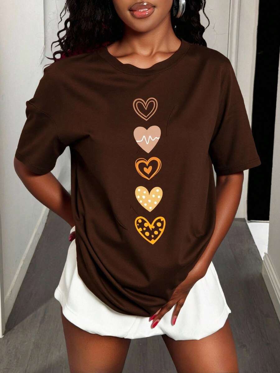 Zolique Loose Fit Heart Printed Basic Drop Shoulder T-Shirt Graphic Tees Women Tops - Brown - View 1