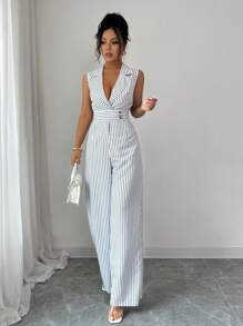 Women's Lapel Neck Black & White Striped Elegant Jumpsuit - Black and White - View 6