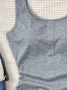 SHEIN Teen Girls Basic White Polka Dot Ribbed Racerback Tank Top With Gold Buttons, Casual All-Match White Camisole - Grey - View 5