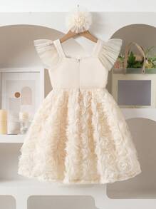 SHEIN Elladie kids Váy tay lỡ thêu hoa 3D cho bé gái, váy công chúa thích hợp cho biểu diễn, tiệc tùng, sinh nhật, đám cưới, quà tặng - Màu be - Xem 3