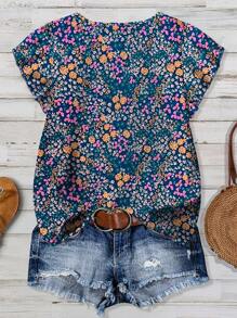 Linhara Blusa de corte holgado con cuello redondo, mangas de volante y estampado floral pequeño para mujeres de tallas grandes