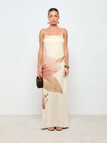 AiiRZ Elegant Floral Satin Maxi Dress Empire Waist Cami Strap Evening Gown Summer Wedding Guest Special Occasion Floor Length,Boho Clothes Women