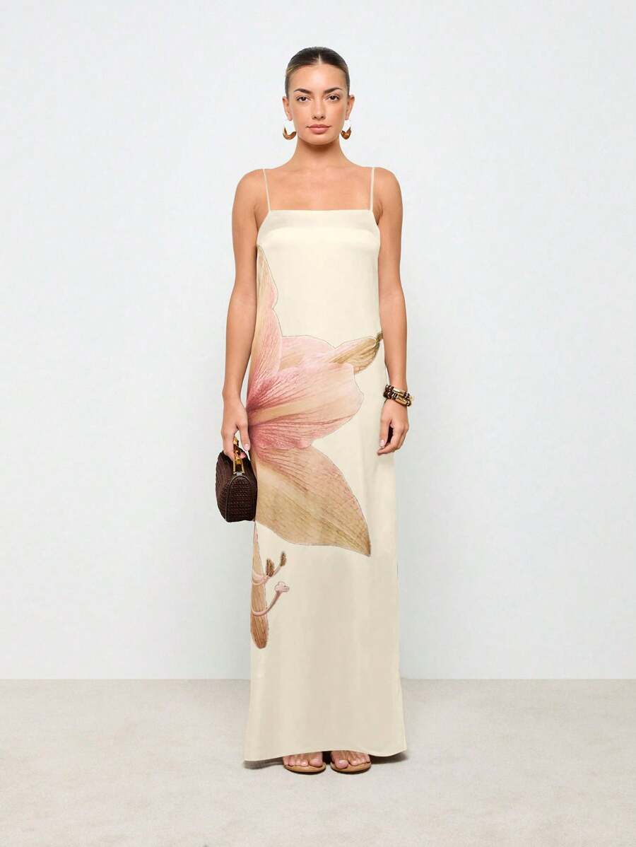 AiiRZ Elegant Floral Satin Maxi Dress Empire Waist Cami Strap Evening Gown Summer Wedding Guest Special Occasion Floor Length,Boho Clothes Women