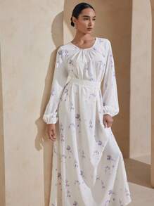 Graceveil Damen Kleid mit digitalem Muster, Rundhalsausschnitt, Langarm, Gürtel, schlicht & elegant im arabischen Stil