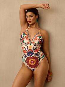 Travachic Plus Size Bohemian Style Tropical Beach Colorful Floral Print V-Neck Backless One-Piece Swimsuit For Women, Summer