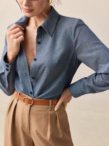 BizChic 2025 夏季新款牛仔蓝领长袖女衬衫，商务休闲日常通勤优雅海滩度假适合婚礼宾客乡村音乐节早餐机场 90 年代复古斯德哥尔摩风格美国独立日蓝色女士衬衫工作上衣商务休闲上衣女士办公室衬衫女士商务休闲衬衫 - 藍色 - 查看 7